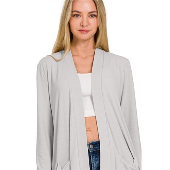 Zenana Slouchy Lightweight Open Front Pocket Cardigan - Picture 2 of 3